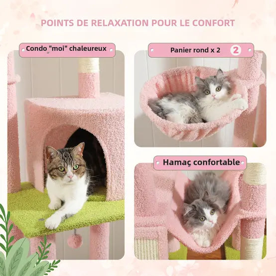 Arbre à Chat Rose Fleur avec Condo et Hamac | Arbre à Miaou Cactélia