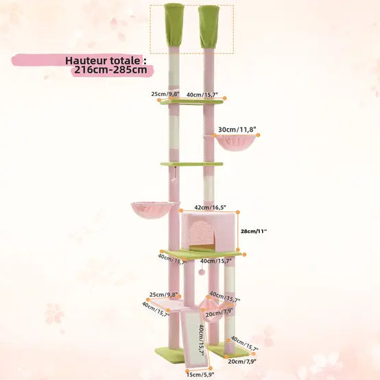Arbre à Chat Rose Fleur avec Condo et Hamac | Arbre à Miaou Cactélia