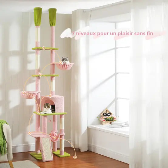 Arbre à Chat Rose Fleur avec Condo et Hamac | Arbre à Miaou Cactélia