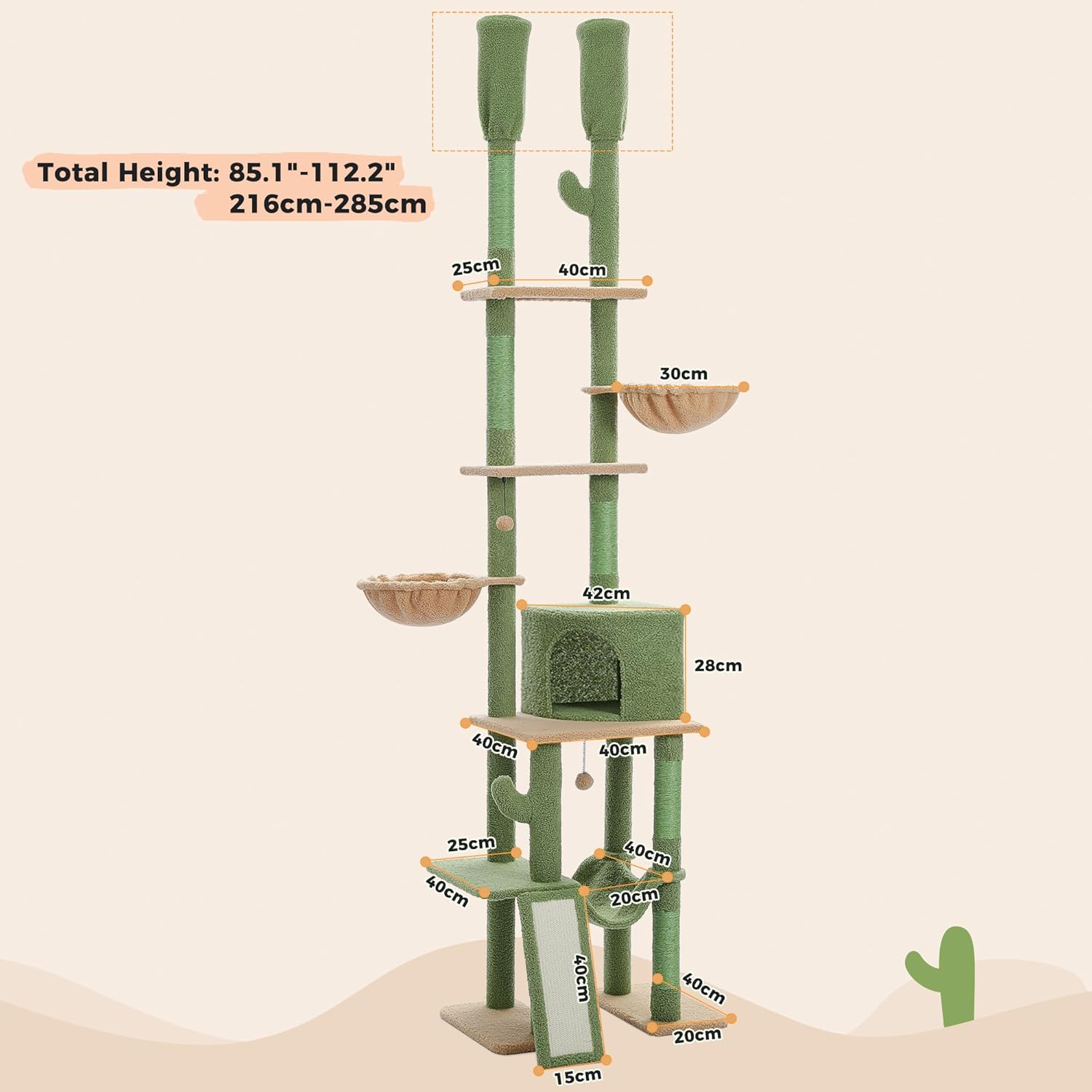Arbre à Chat Vert Cactus avec Condo et Hamac | Arbre à Miaou Cactélia