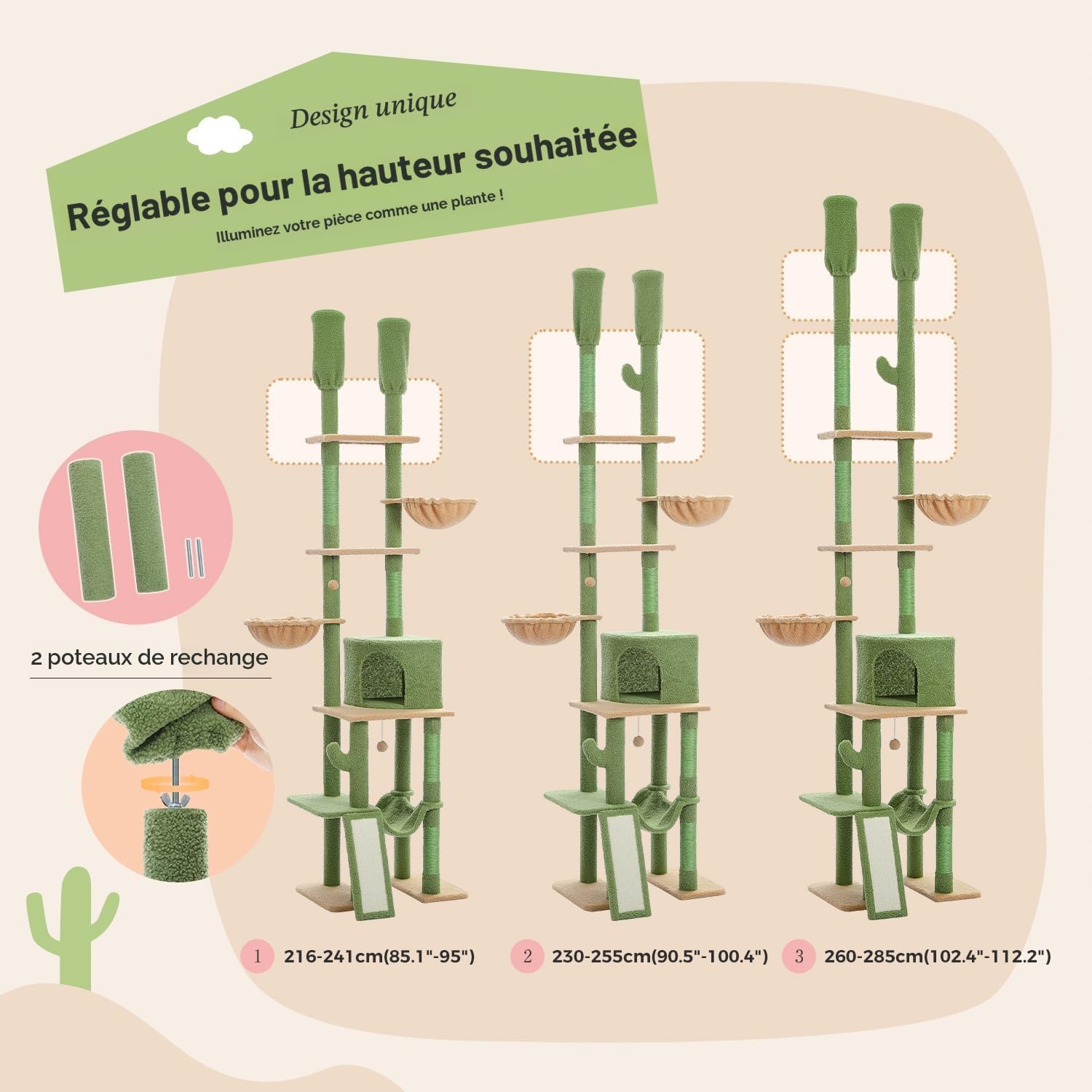 Arbre à Chat Vert Cactus avec Condo et Hamac | Arbre à Miaou Cactélia
