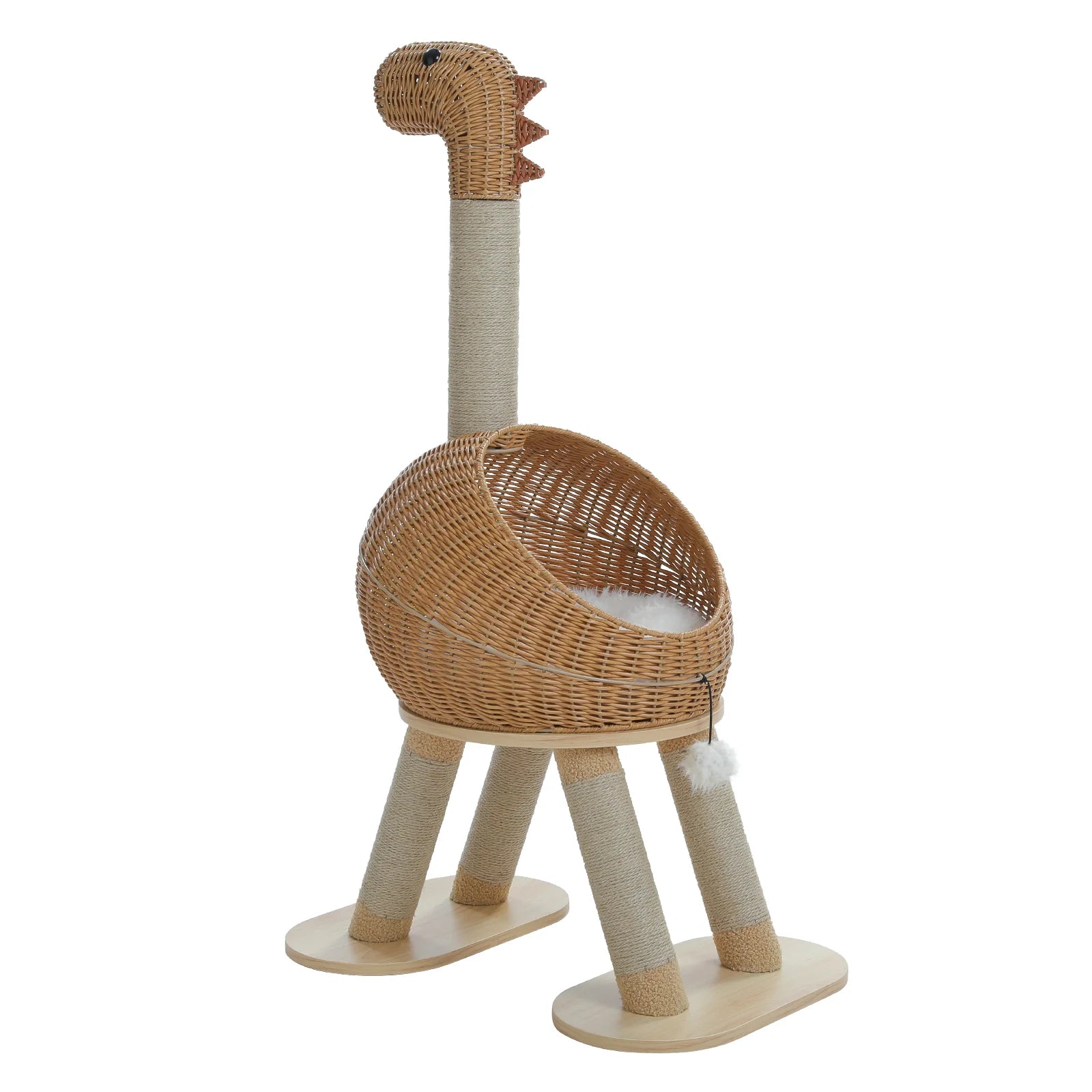 Arbre à Chat Dinosaure Beige en Rotin avec Panier |Arbre à Miaou Dinozia