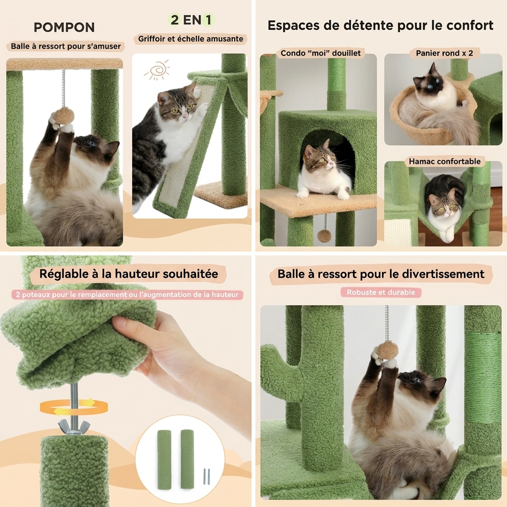 Arbre à Chat Vert Cactus avec Condo et Hamac | Arbre à Miaou Cactélia