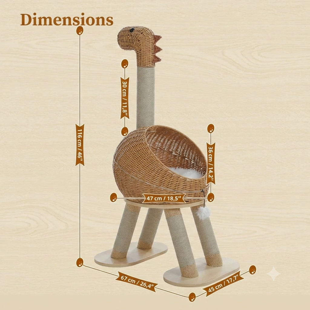 Arbre à Chat Dinosaure Beige en Rotin avec Panier |Arbre à Miaou Dinozia