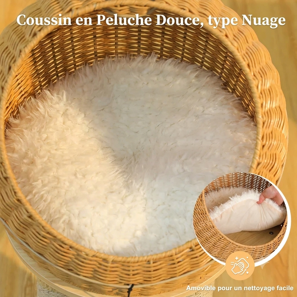 Arbre à Chat Dinosaure Beige en Rotin avec Panier |Arbre à Miaou Dinozia