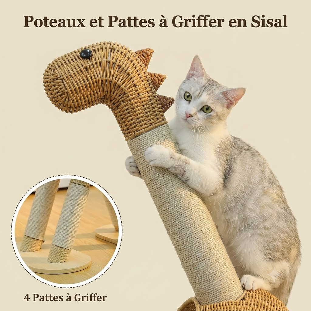 Arbre à Chat Dinosaure Beige en Rotin avec Panier |Arbre à Miaou Dinozia