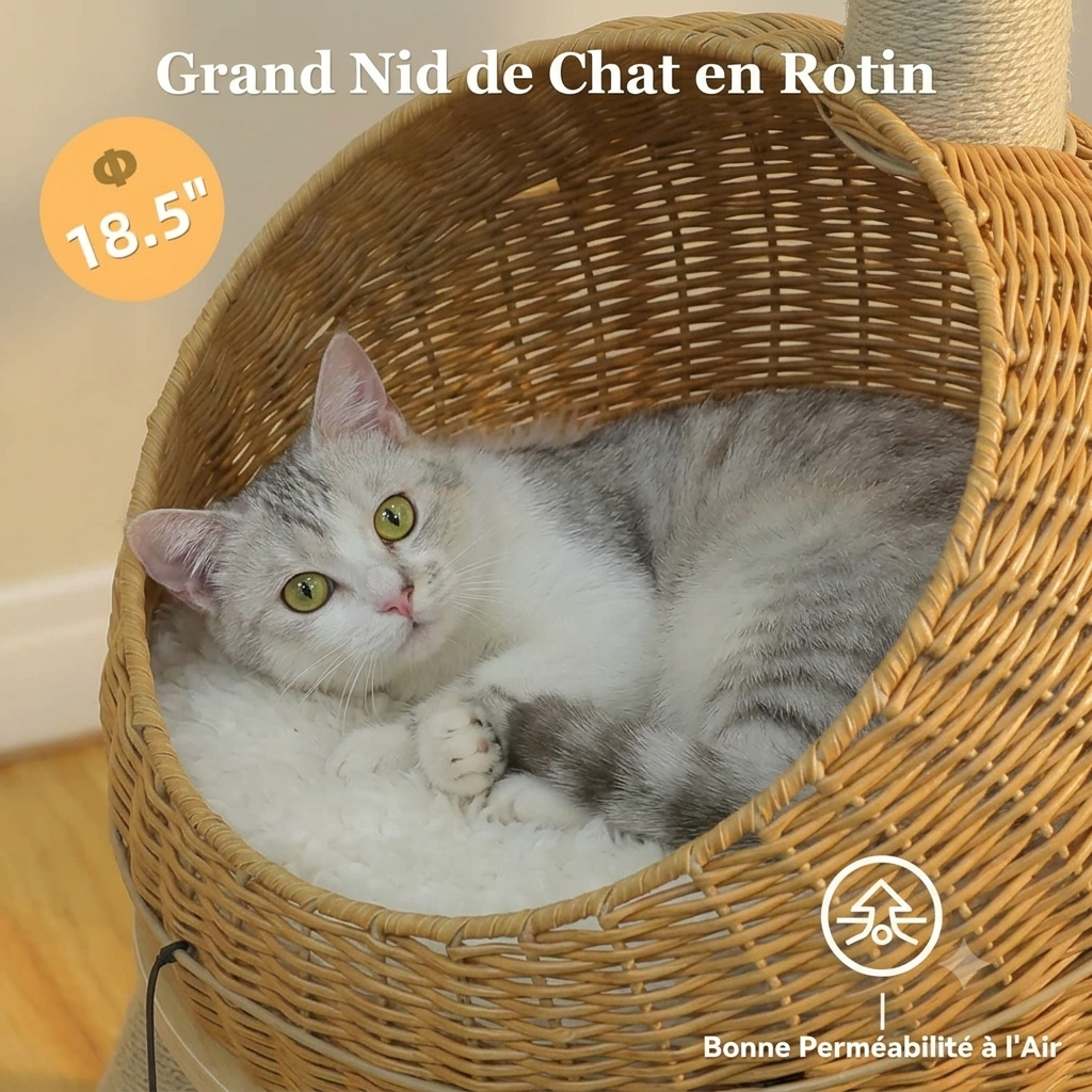 Arbre à Chat Dinosaure Beige en Rotin avec Panier |Arbre à Miaou Dinozia