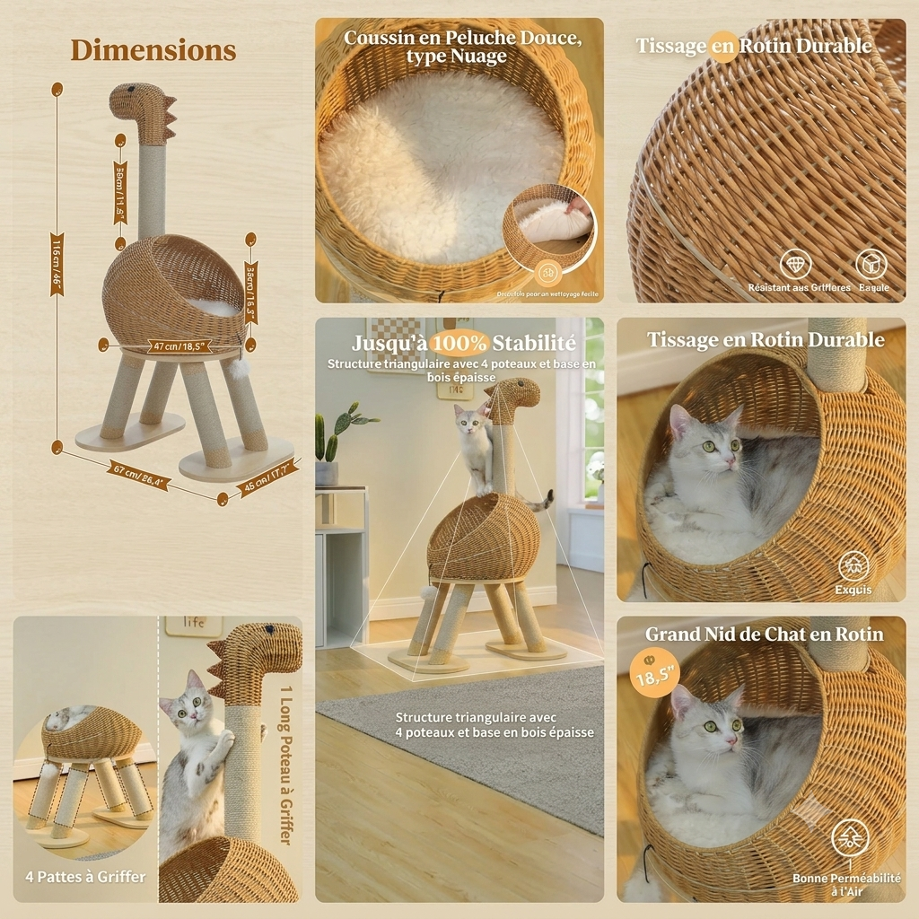 Arbre à Chat Dinosaure Beige en Rotin avec Panier |Arbre à Miaou Dinozia