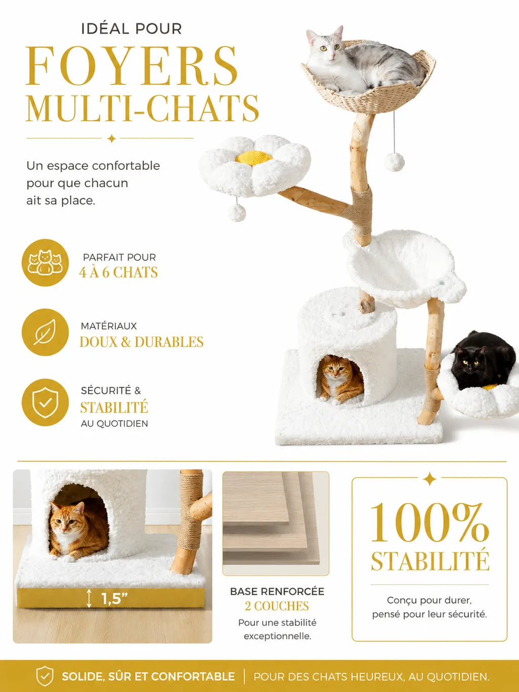 Grand Arbre à Chat Blanc 150 cm avec Paniers Rotin | Arbre à Miaou Floralya
