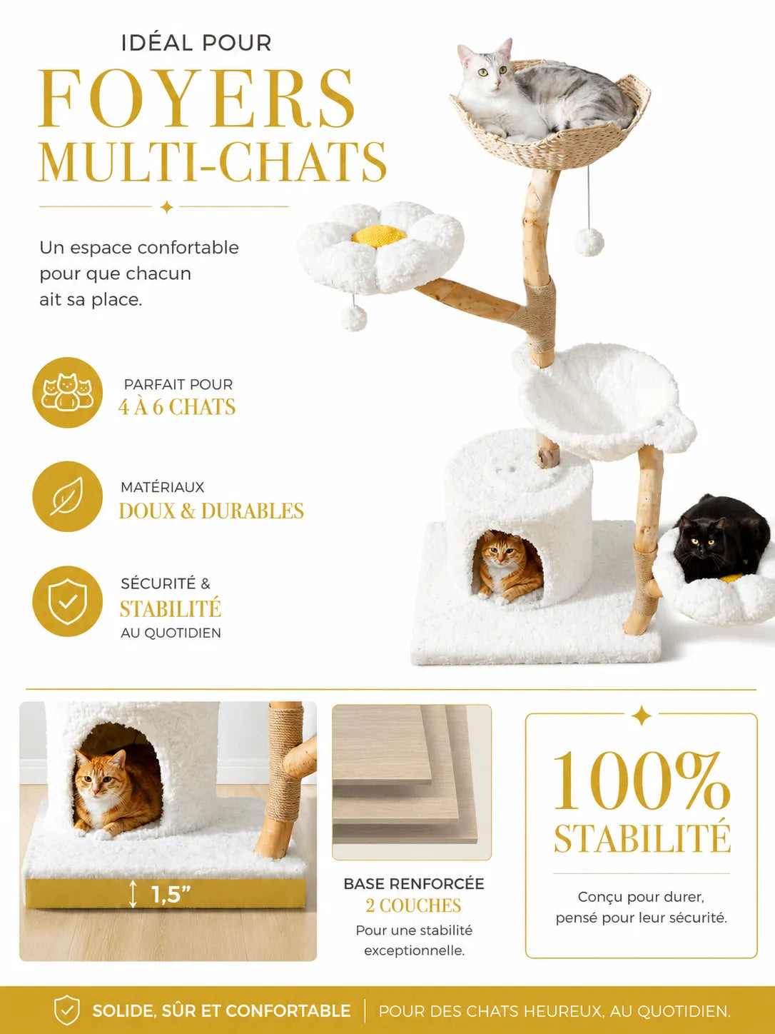 Grand Arbre à Chat Blanc 150 cm avec Paniers Rotin | Arbre à Miaou Floralya