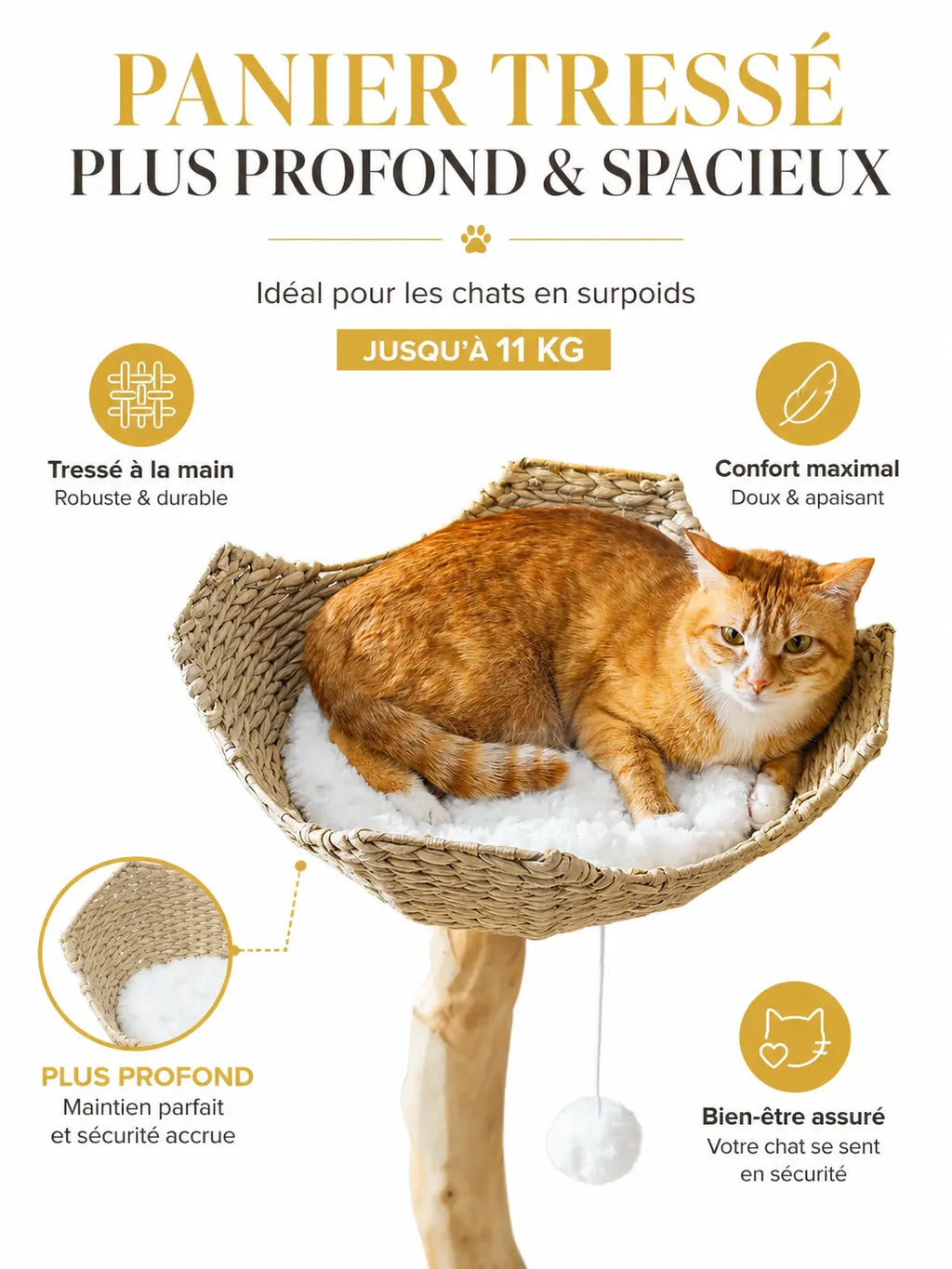 Grand Arbre à Chat Blanc 150 cm avec Paniers Rotin | Arbre à Miaou Floralya