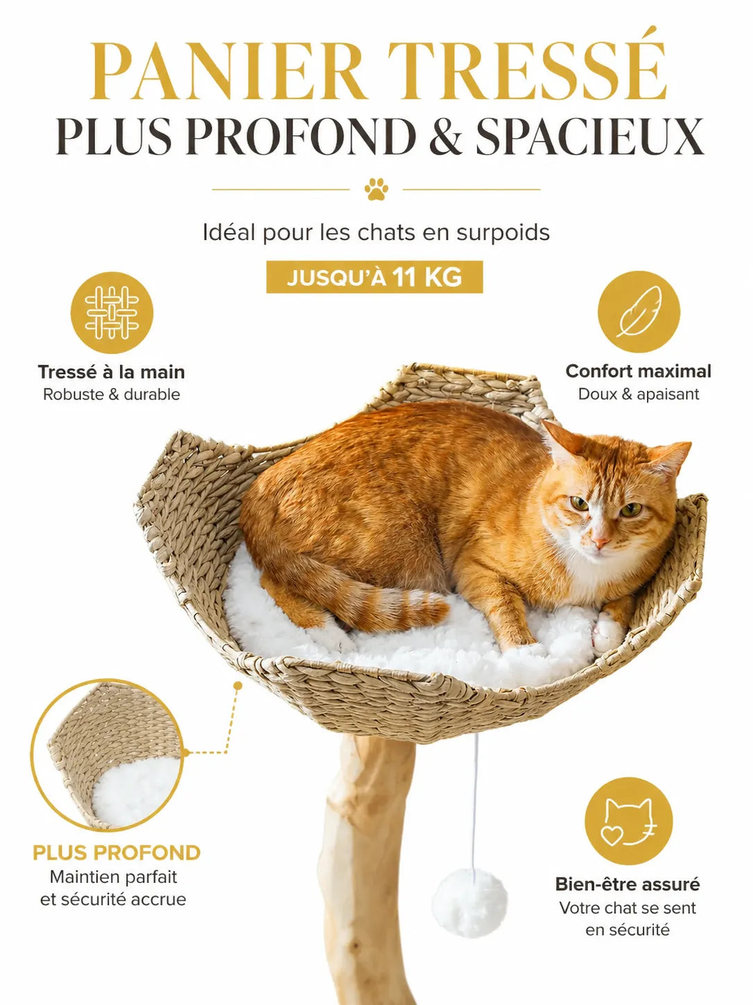 Grand Arbre à Chat Blanc 150 cm avec Paniers Rotin | Arbre à Miaou Floralya