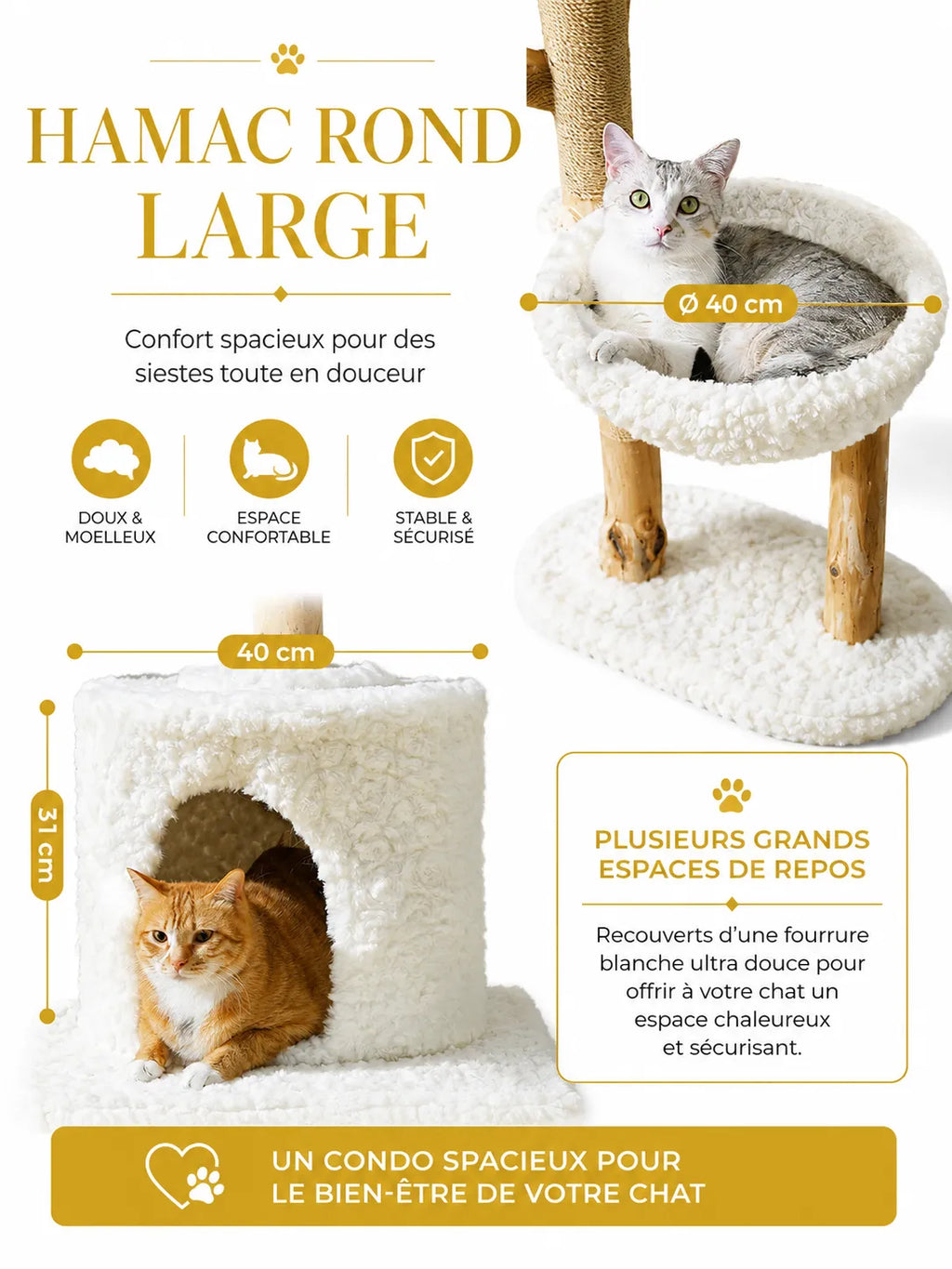 Grand Arbre à Chat Blanc 150 cm avec Paniers Rotin | Arbre à Miaou Floralya