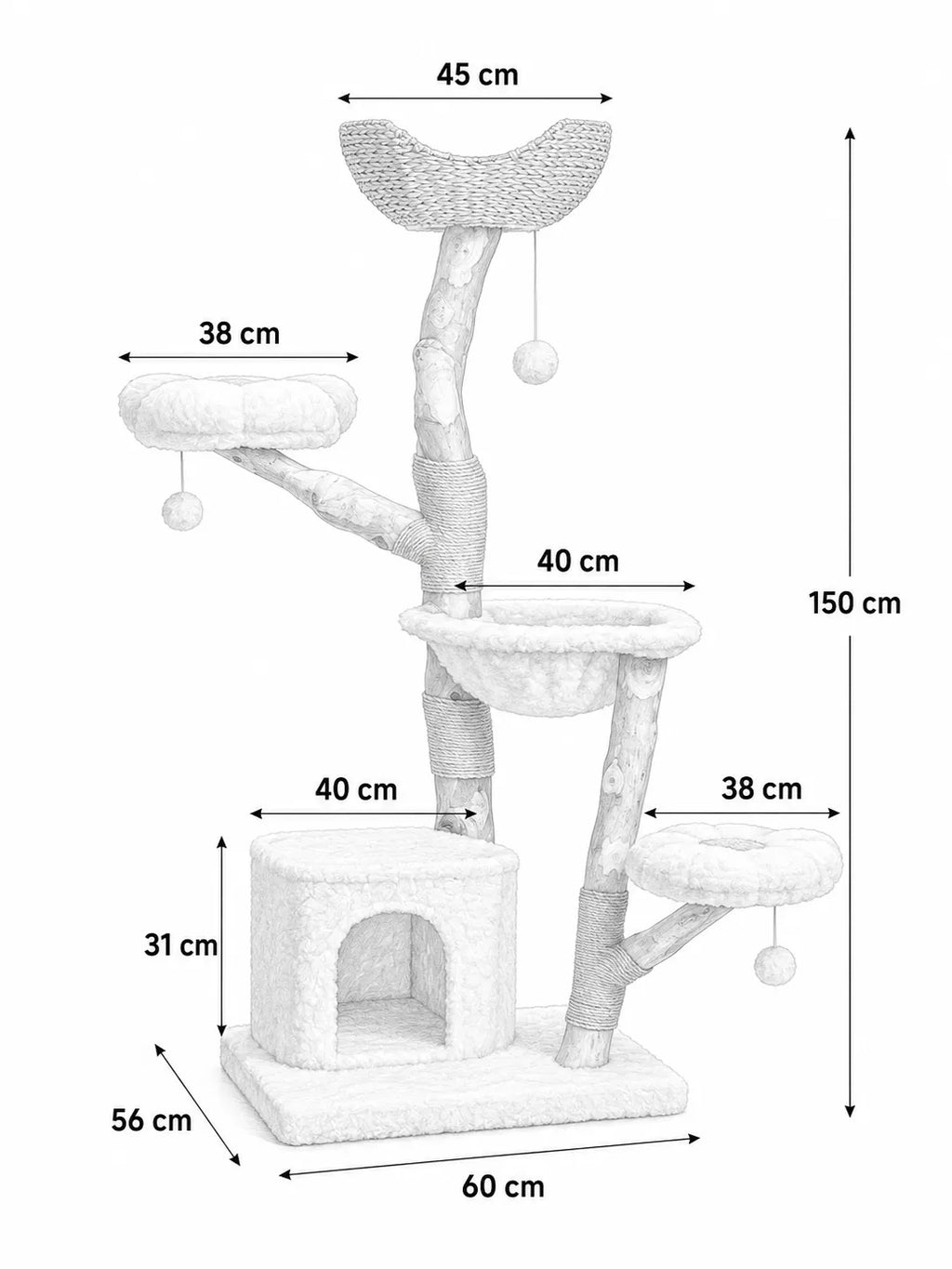 Grand Arbre à Chat Blanc 150 cm avec Paniers Rotin | Arbre à Miaou Floralya