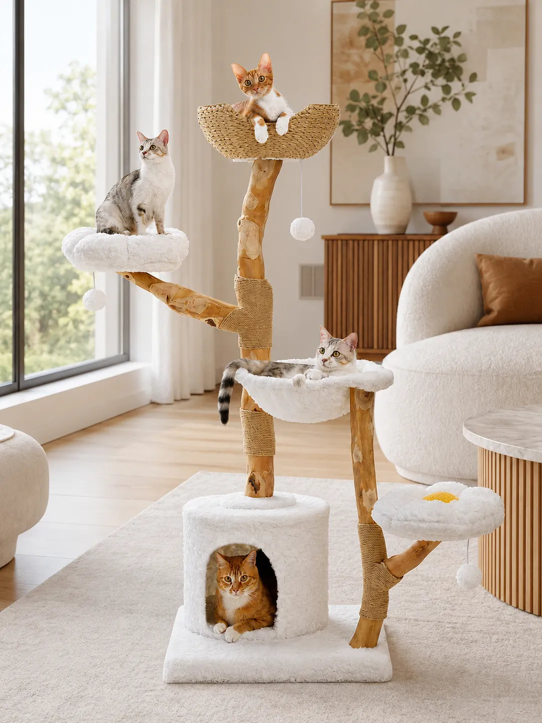 Grand Arbre à Chat Blanc 150 cm avec Paniers Rotin | Arbre à Miaou Floralya
