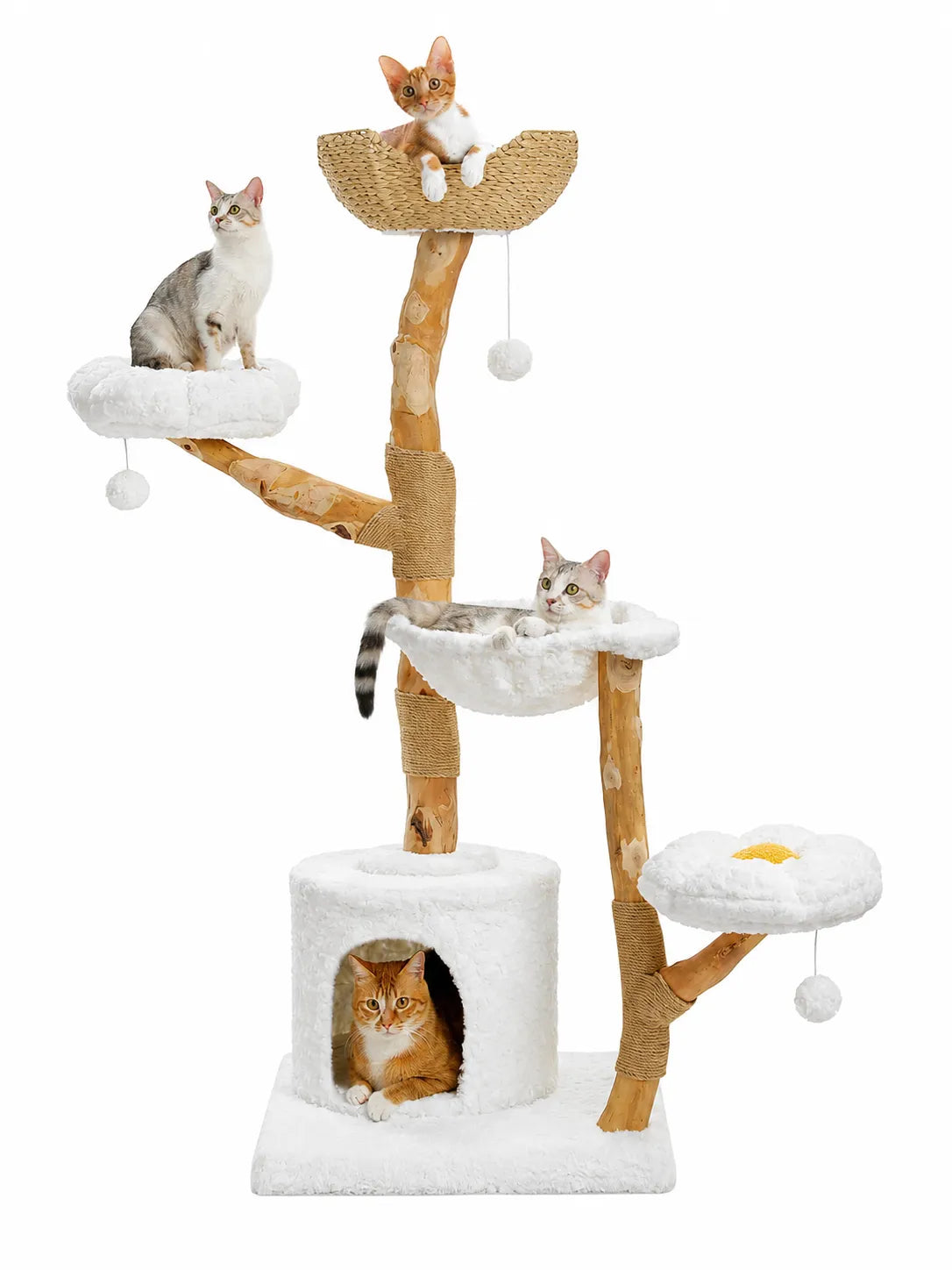 Grand Arbre à Chat Blanc 150 cm avec Paniers Rotin | Arbre à Miaou Floralya