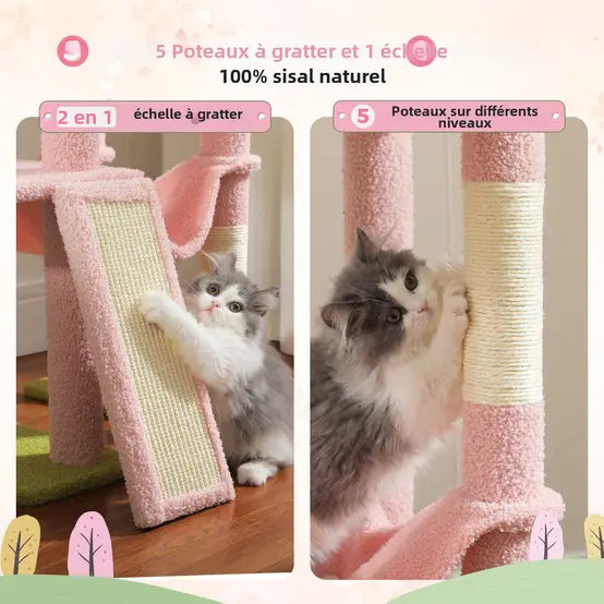 Arbre à Chat Rose Fleur avec Condo et Hamac | Arbre à Miaou Cactélia